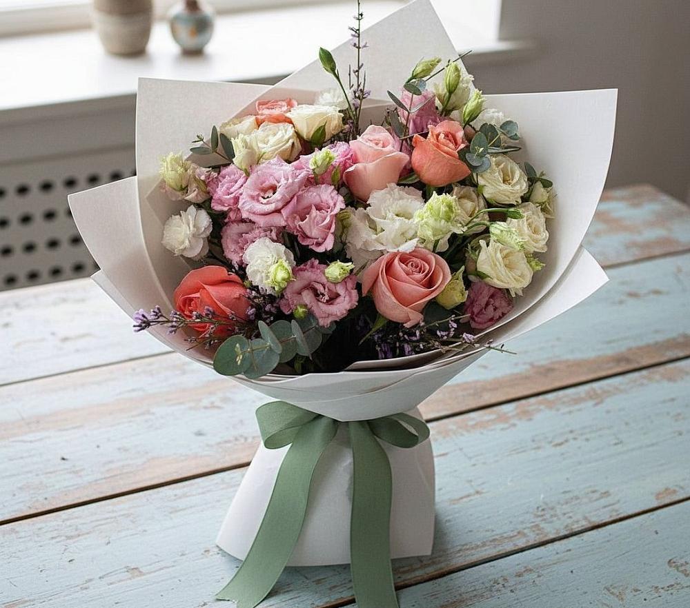 Букет цветов из: Розы, Лизиантусы и Гвоздики в Али-Бердуковском