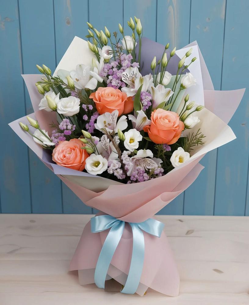 Букет цветов из: Лизиантусы, Розы, Альстромерии и Гипсофила в Али-Бердуковском