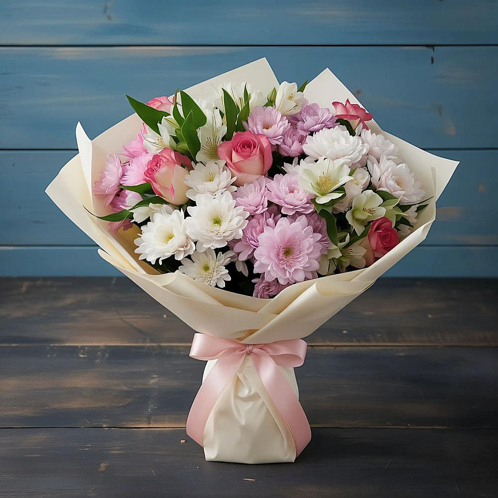 Букет цветов из: Хризантемы, Альстромерии и Розы в Али-Бердуковском